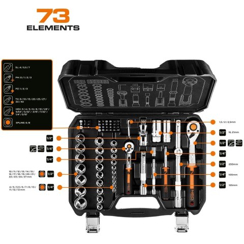 ZESTAW KLUCZY NASADOWYCH 1/4'' 1/2'' 73 CZĘŚCI